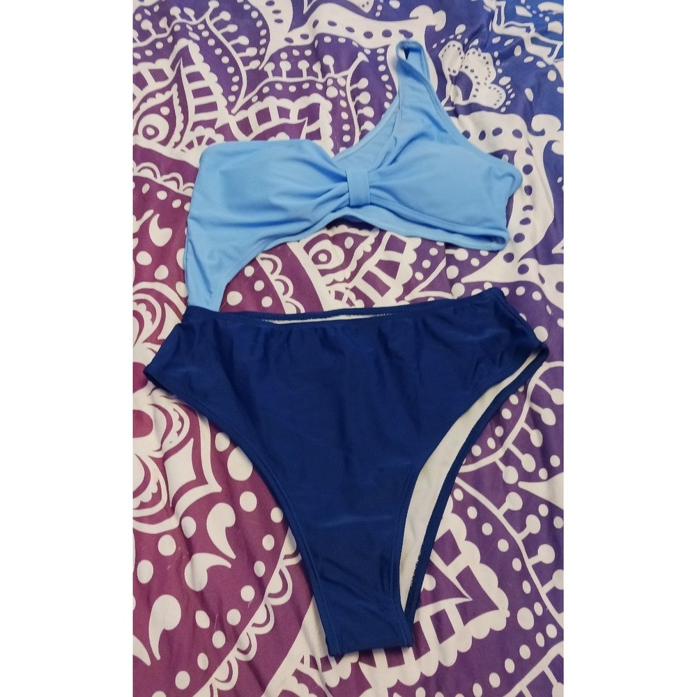 NEW Light Blue/Navy Blue Sexy Cutout Monokini One Shoulder One Piece, Large